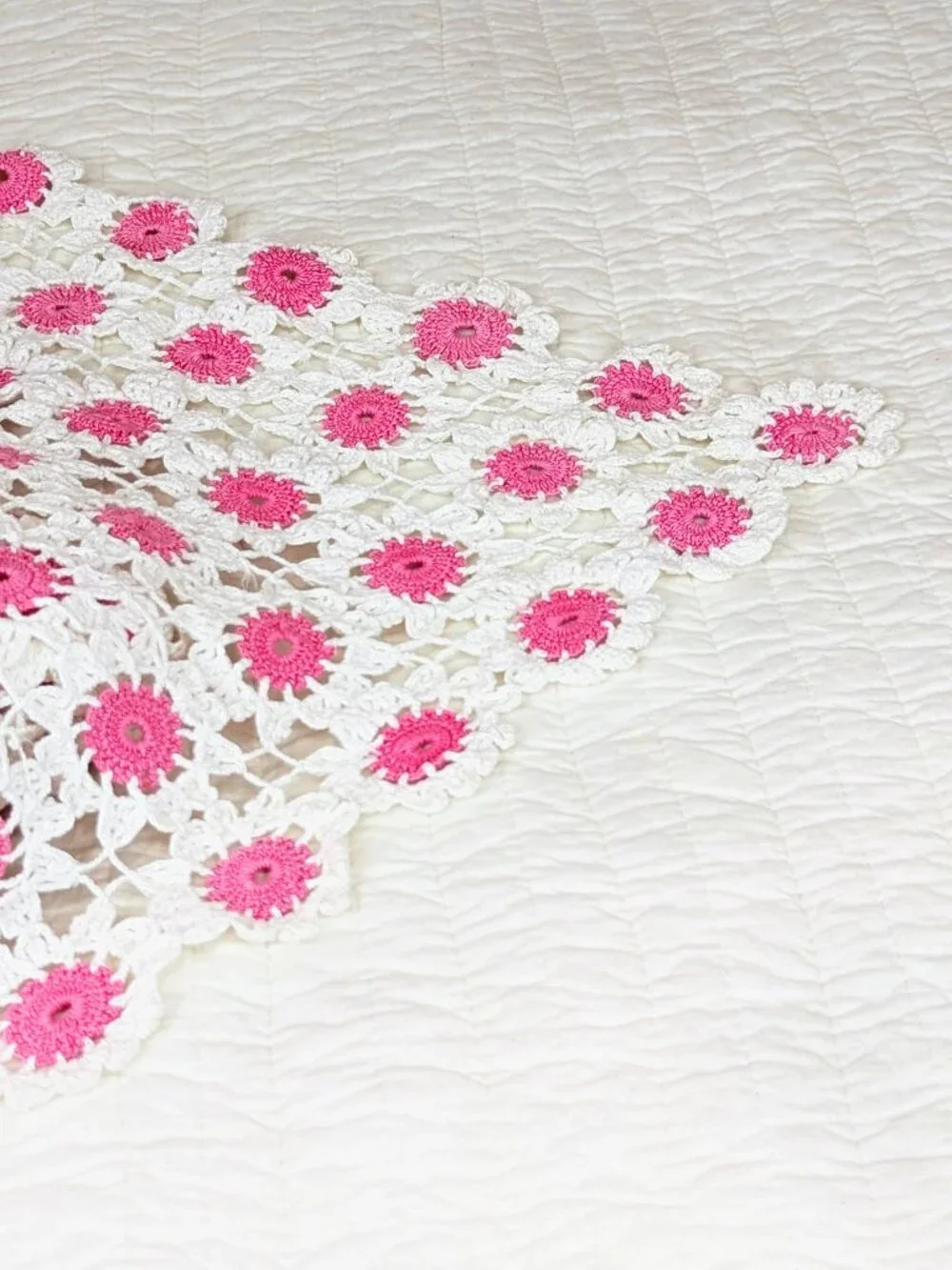 Boho Cottagecore Crochet Quilt ~ Bright Pink/White ~ Hand Crocheted Cotton